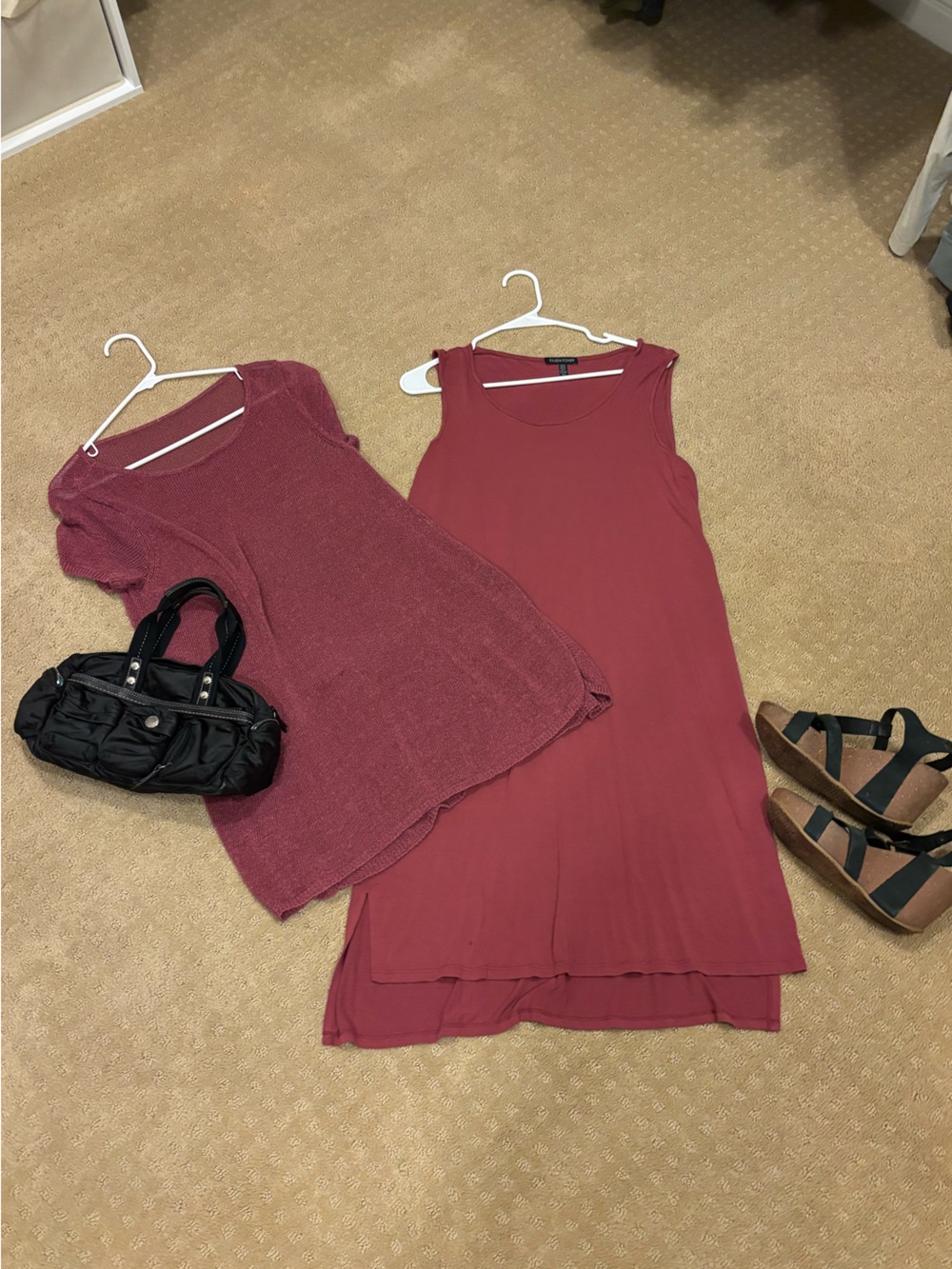 Eileen Fisher Burgundy Dress Small + Open Knit Sweater 2 Piece Layered Outfit